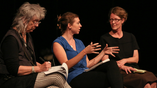 FSU faculty Malia Bruker and Gwen Welliver discuss work-in-progress showing with Carla Peterson