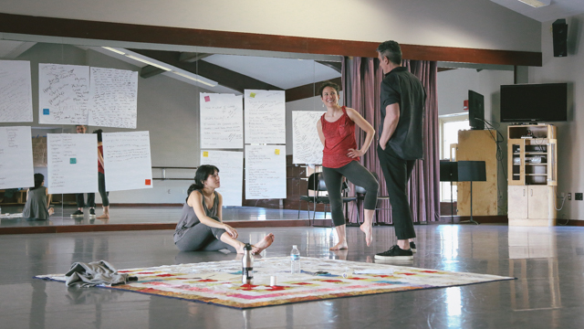 Emily Johnson, Aretha Aoki and Ain Gordon in rehearsal for <i> Then a Cunning Voice...</i>
