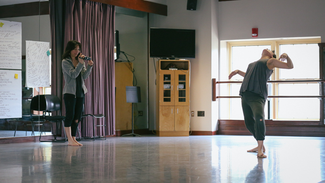 Emily Johnson and Aretha Aoki in rehearsal for <i> Then a Cunning Voice...</i>