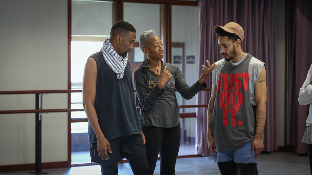 Duane Cyrus and Niall Jones with choreographer Cynthia Oliver