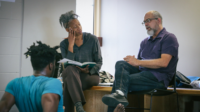 Oliver and performer Shamar Watt discuss the work with Dr. Douglas Schrock (Sociology)