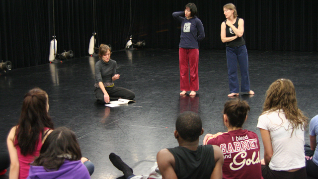 Faulkner, Das and Funsch talk with FSU Dance Students during a Choreographic Workshop.