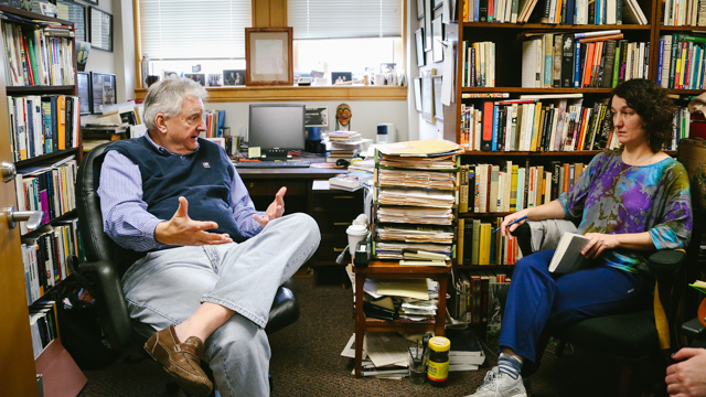 Durning talks with FSU Professor of English Dr. Stanley Gontarski about the work of Samuel Beckett