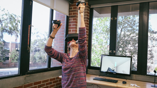 Ginger Krebs explores virtual reality equipment at FSU's Innovation Hub