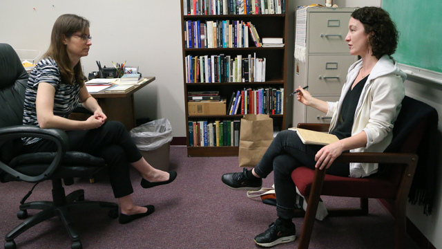 Professor of Philosophy, Dr. Andrea Westlund meets with Durning