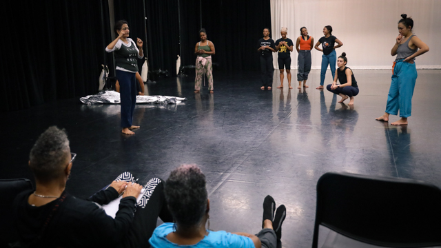 Chatterjea speaks to collaborators and FSU School of Dance students in rehearsal