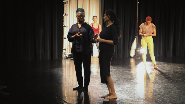 Jawole Willa Jo Zollar introduces Ananya Chatterjea before work-in-progress showing in the Black Box <br>Theater
