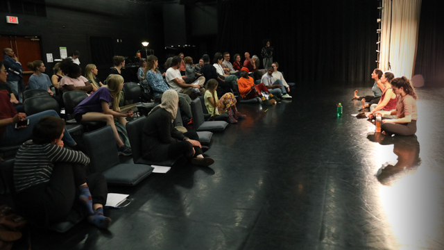 Chatterjea, collaborators, and audience engage in a post-showing discussion in the Black Box Theater