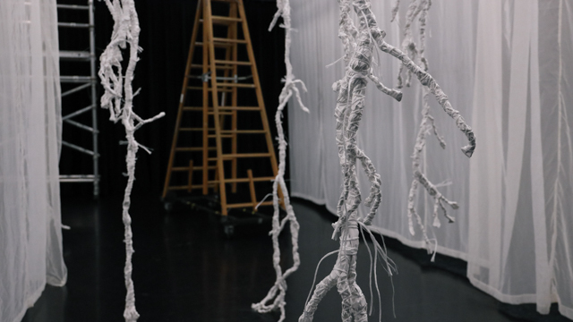 Roots hang as part of work-in-progress showing set design