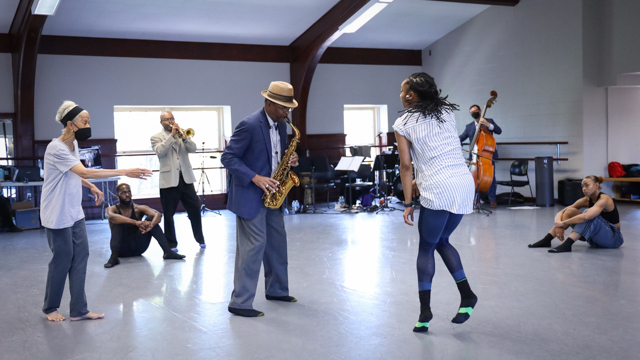 Dianne McIntyre in rehearsal with musicians and dancers for <em>In the Same Tongue</em>