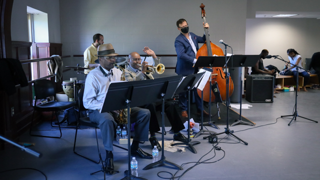 Musicians Amaury Acosta (drums), Cleave Guyton (saxophone), Gerald Brazil (trumpet), and Elias Bailey (upright bass)