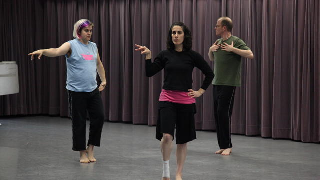 Elliott Durko Lynch, Angharad Davies, and Charles Campbell rehearse in Studio 404